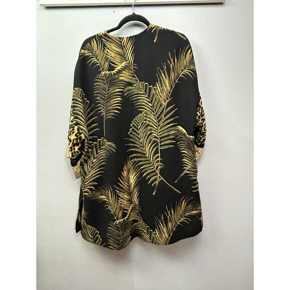 H&M Kimono Womens XS Black Gold Palm Leaf Cheetah Animal Print Open Cardigan - Picture 2 of 9